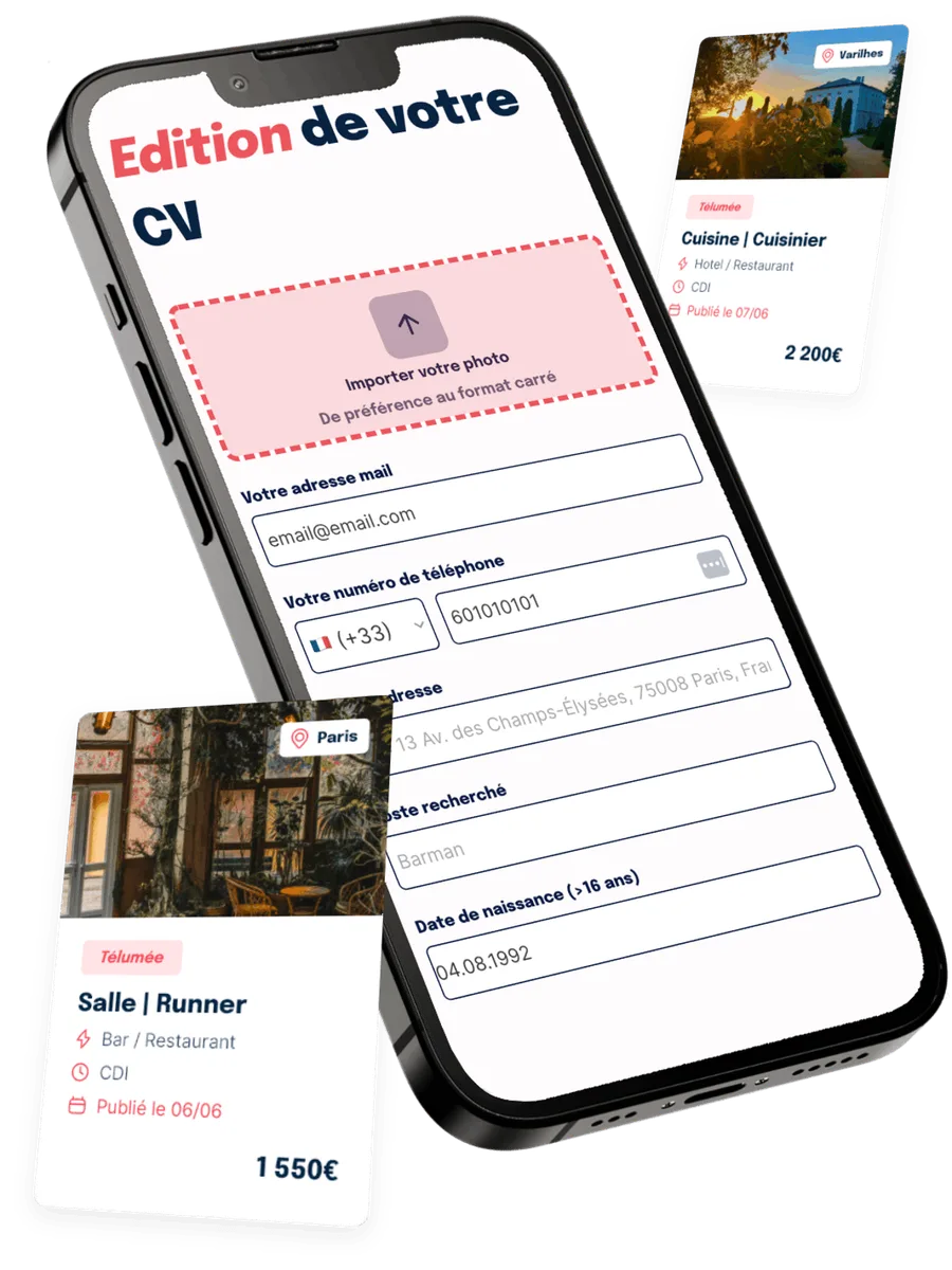 Édition d’un CV sur mobile avec Le Barman Vous Recrute
